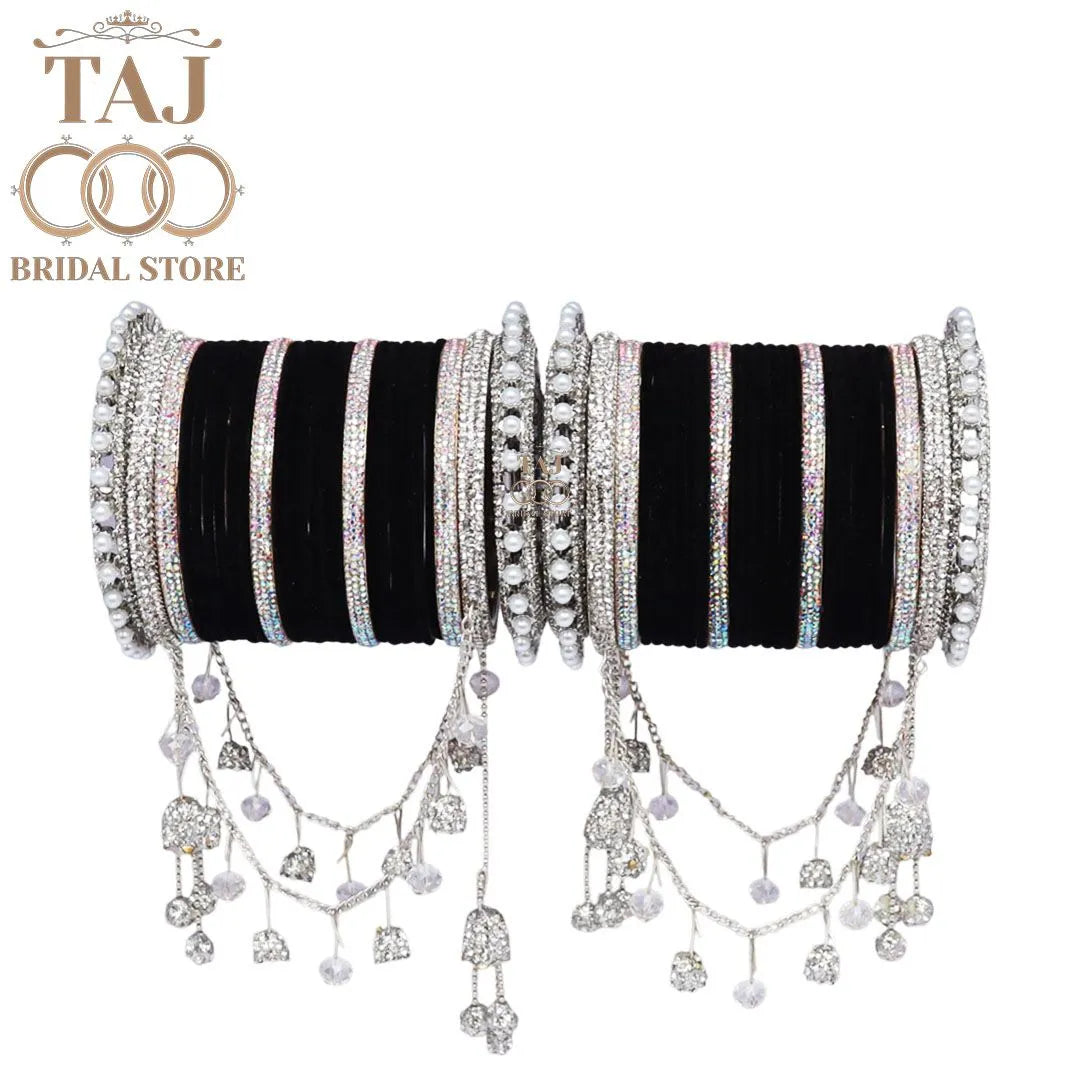 Black Silver Bangle Set with Rhinestone & Pearl Dangles