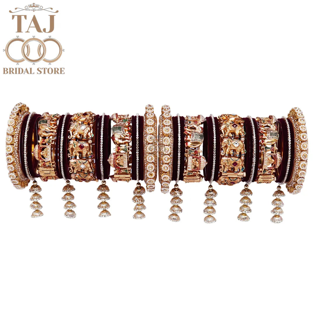 Heavy Bridal Bangle Set with Elephant Motifs and Latkan