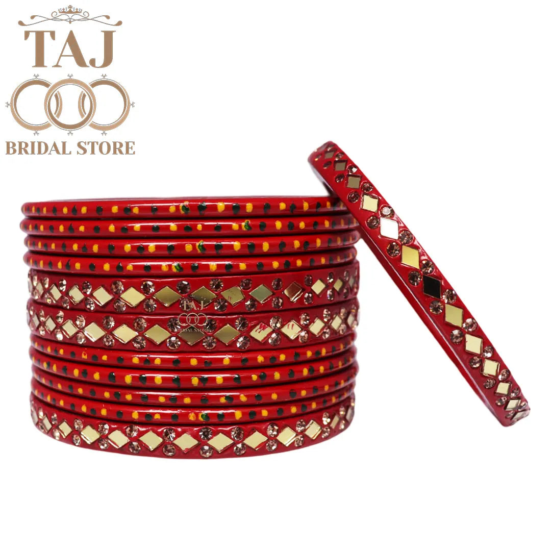 Lac Bangles with Golden Diamond Pattern and Mirror Work (Set of 12)