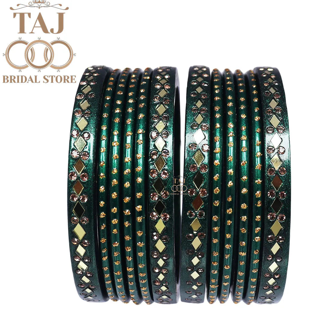 Lac Bangles with Golden Diamond Pattern and Mirror Work (Set of 12)