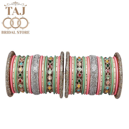 Traditional Rajasthani Bangle Set with Silver Rhinestones and Kundan