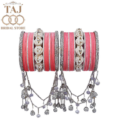 Karwa Chauth Special Bangle Set with Silver Tassels & Stones