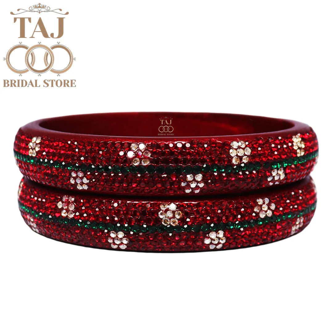 Elegant Lac Kada Bangles with Rhinestone Flowers (Set of 2)