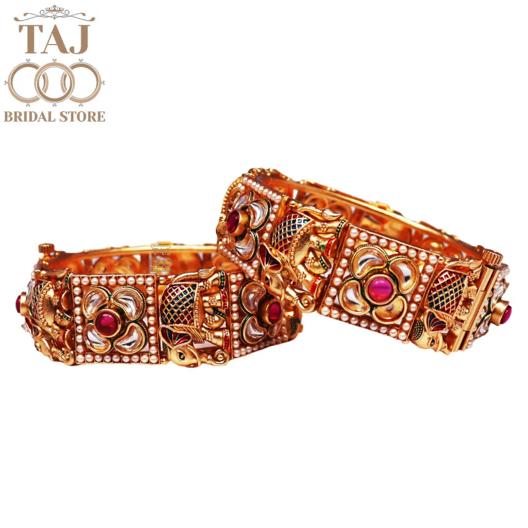 Rajwadi Elephant Design Bracelet With Kundan and Enamel