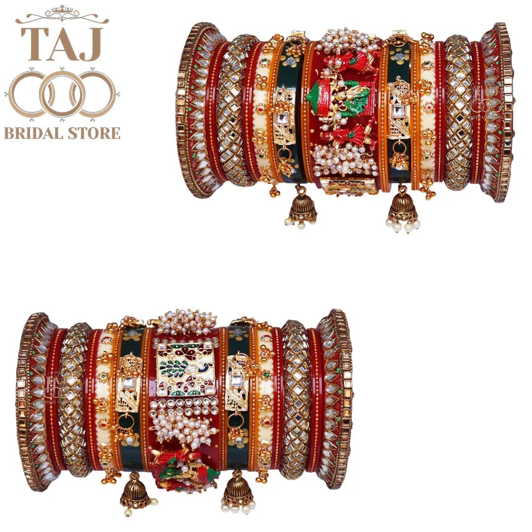 Rajwadi Bangles Set For Bride With Beautiful Doli And Peacock Design Kada