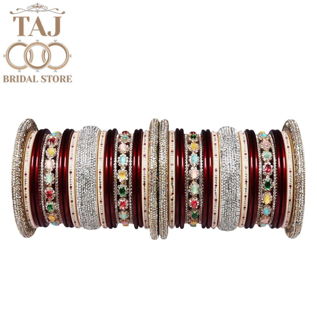 Traditional Rajasthani Bangle Set with Silver Rhinestones and Kundan