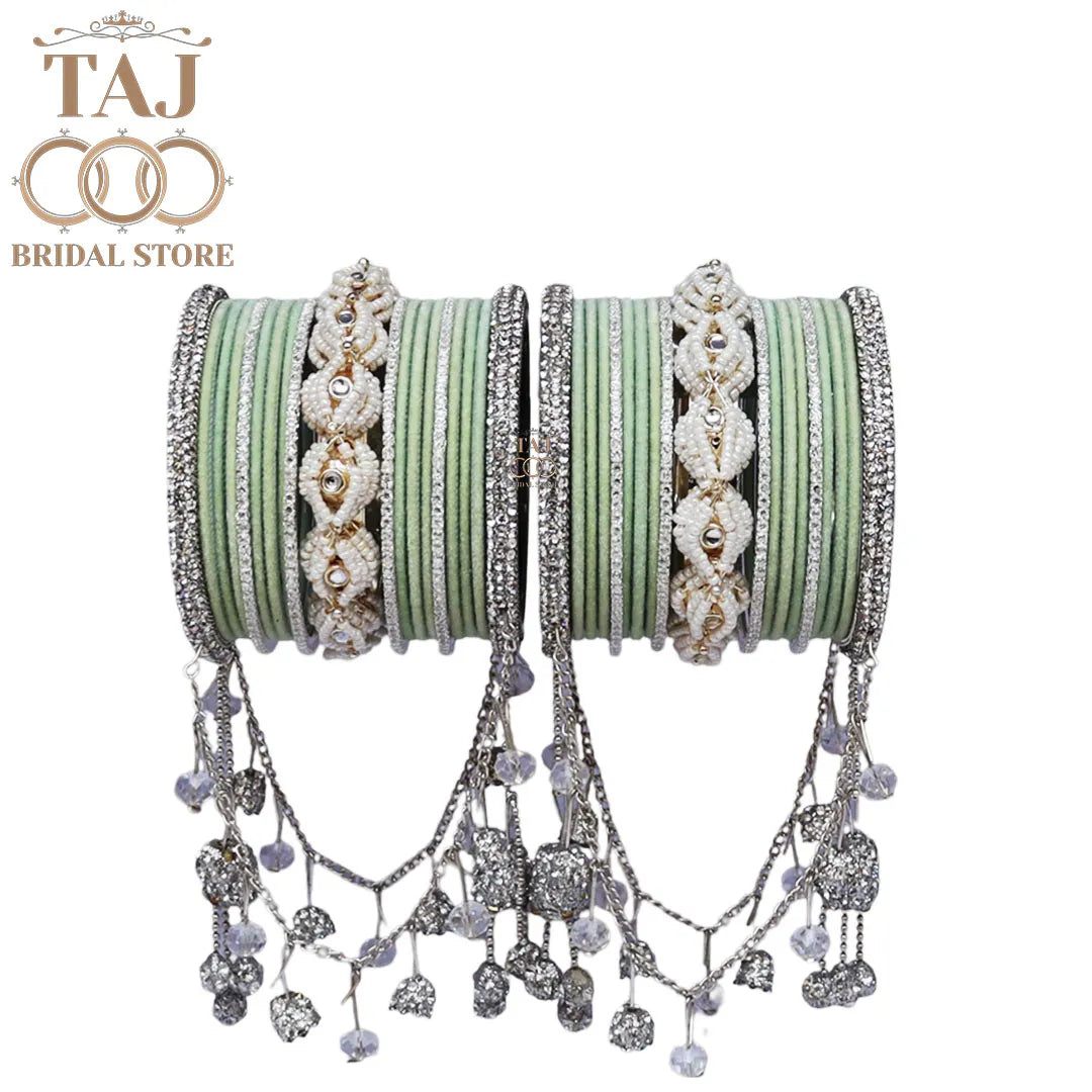 Karwa Chauth Special Bangle Set with Silver Tassels & Stones