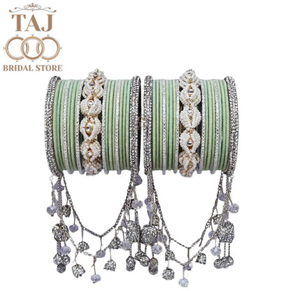 Karwa Chauth Special Bangle Set with Silver Tassels & Stones