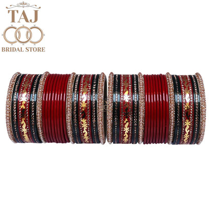 Karwa Chauth Special Red and Green Bangle Set with Golden Lace Design