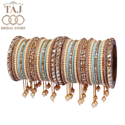 Wedding Bangle Set in Kundan and Pearl Design with Charming Latkan