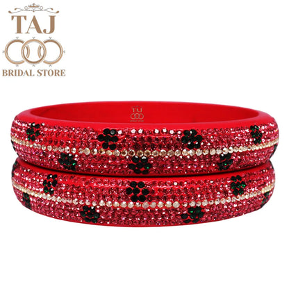 Elegant Lac Kada Bangles with Rhinestone Flowers (Set of 2)