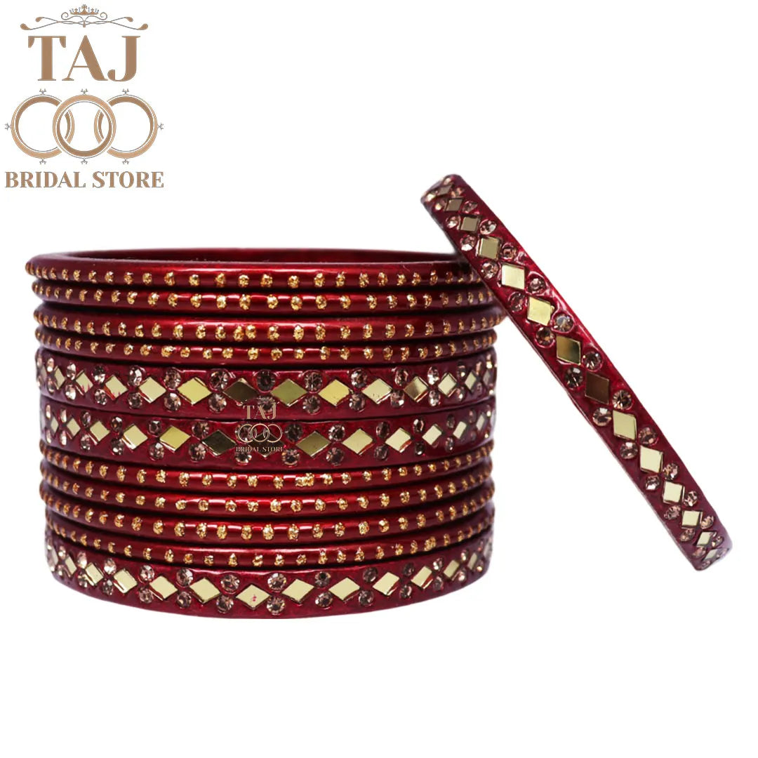 Lac Bangles with Golden Diamond Pattern and Mirror Work (Set of 12)