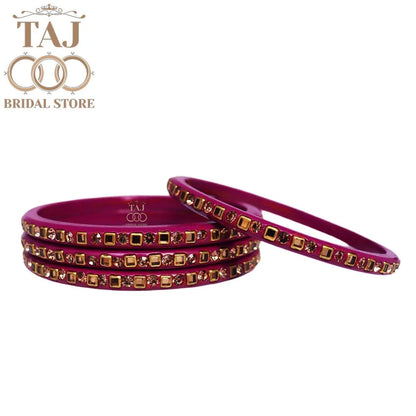 Vibrant Lac Bangle Set with Kundan and Rhinestones (Set of 4)