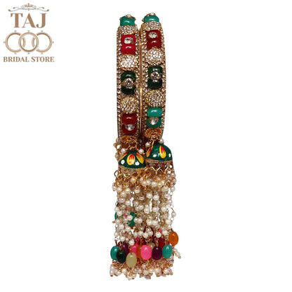 Rajwadi Style Gold Plated Bangles With Traditional Multicolor Hangings