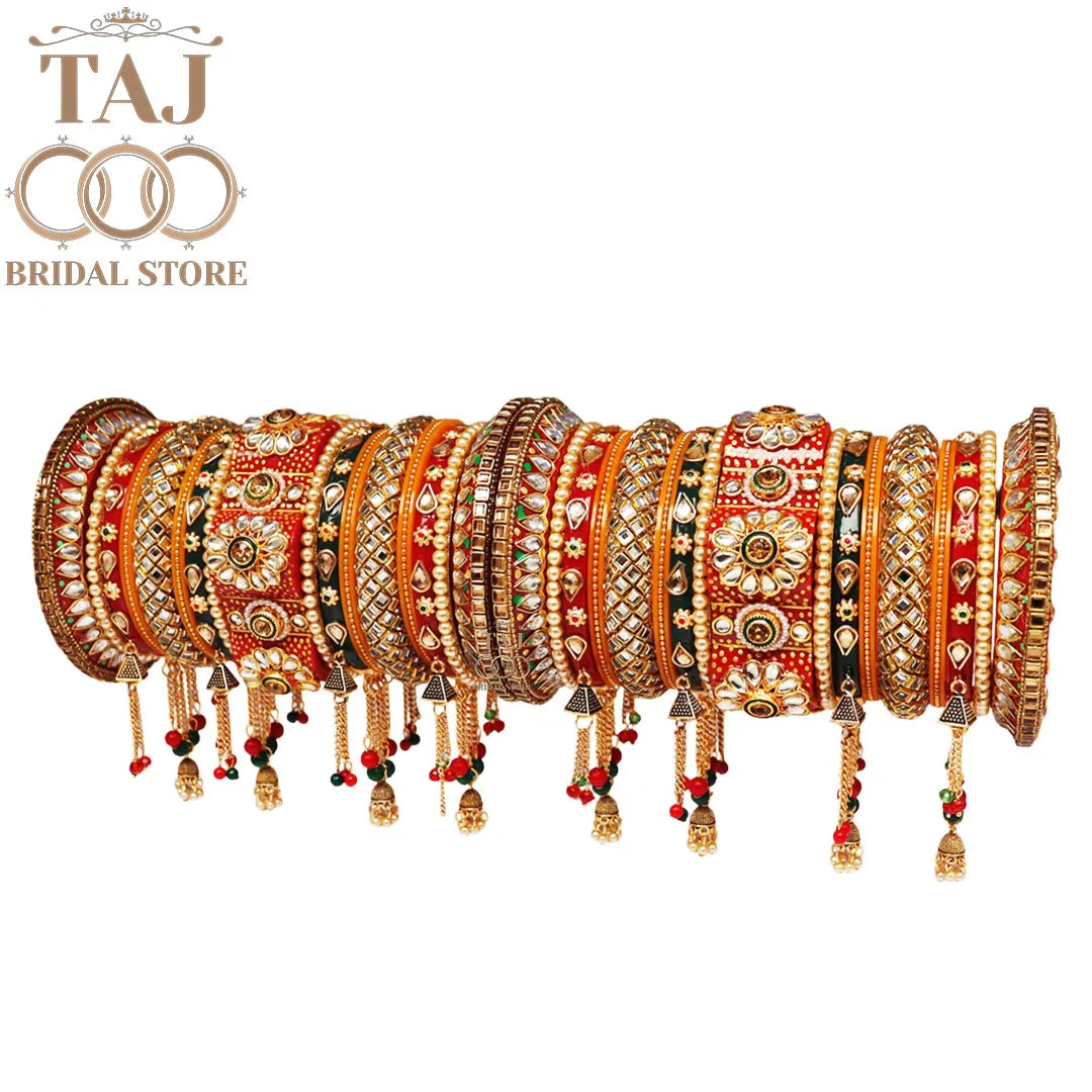 Rajasthani Kundan Wedding Bangles Set With Best Flower And Chain Latkan Design