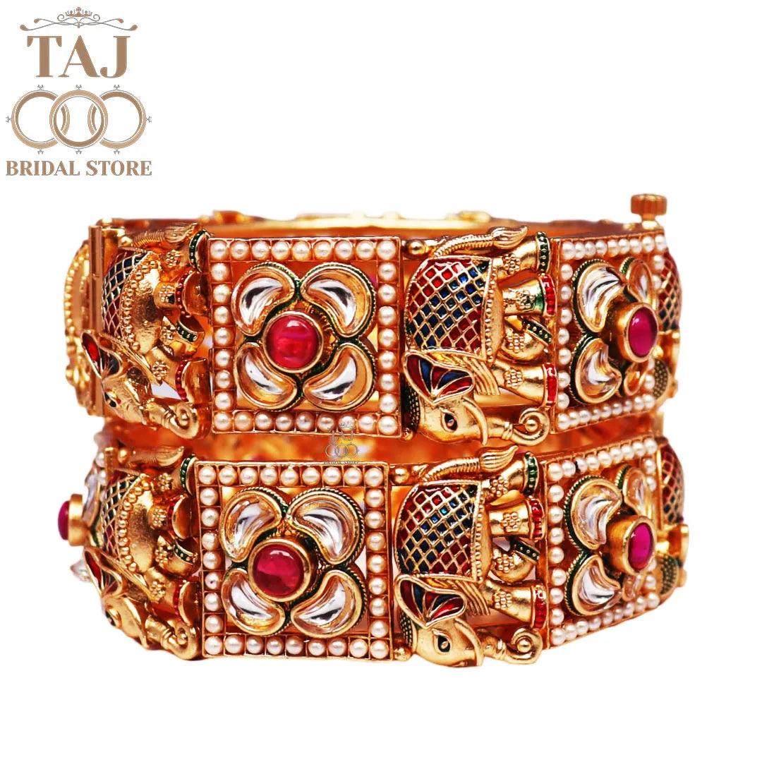 Rajwadi Elephant Design Bracelet With Kundan and Enamel