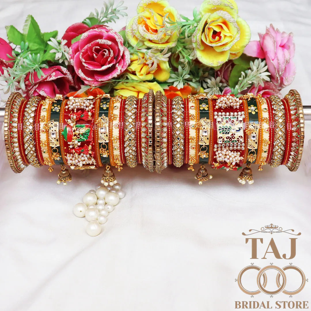 Rajwadi Bangles Set For Bride With Beautiful Doli And Peacock Design Kada