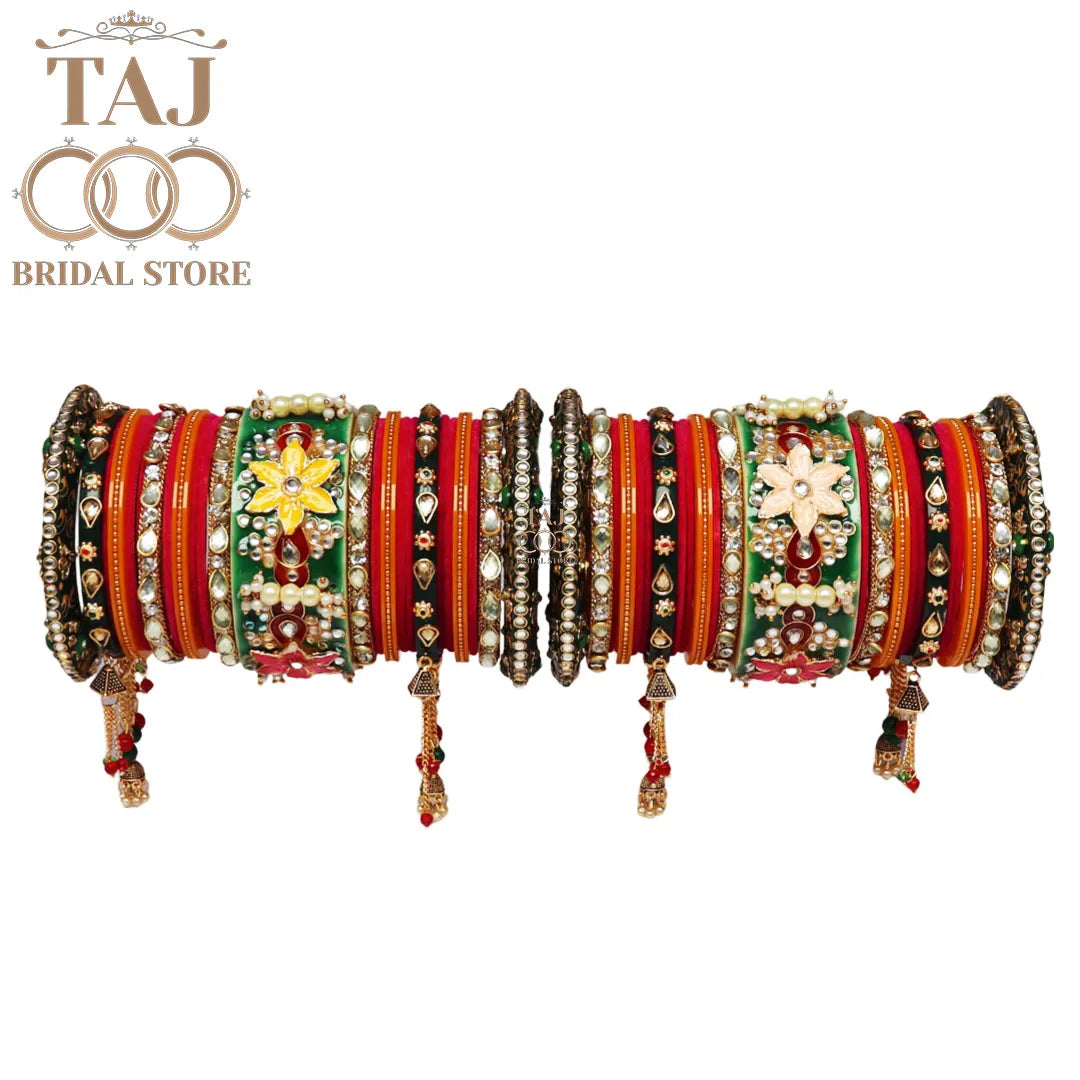 Vibrant Rajwadi Bangle Set with Colorful Flowers and Kundan