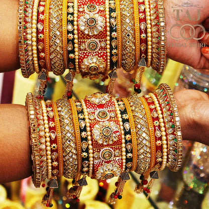 Rajasthani Kundan Wedding Bangles Set With Best Flower And Chain Latkan Design