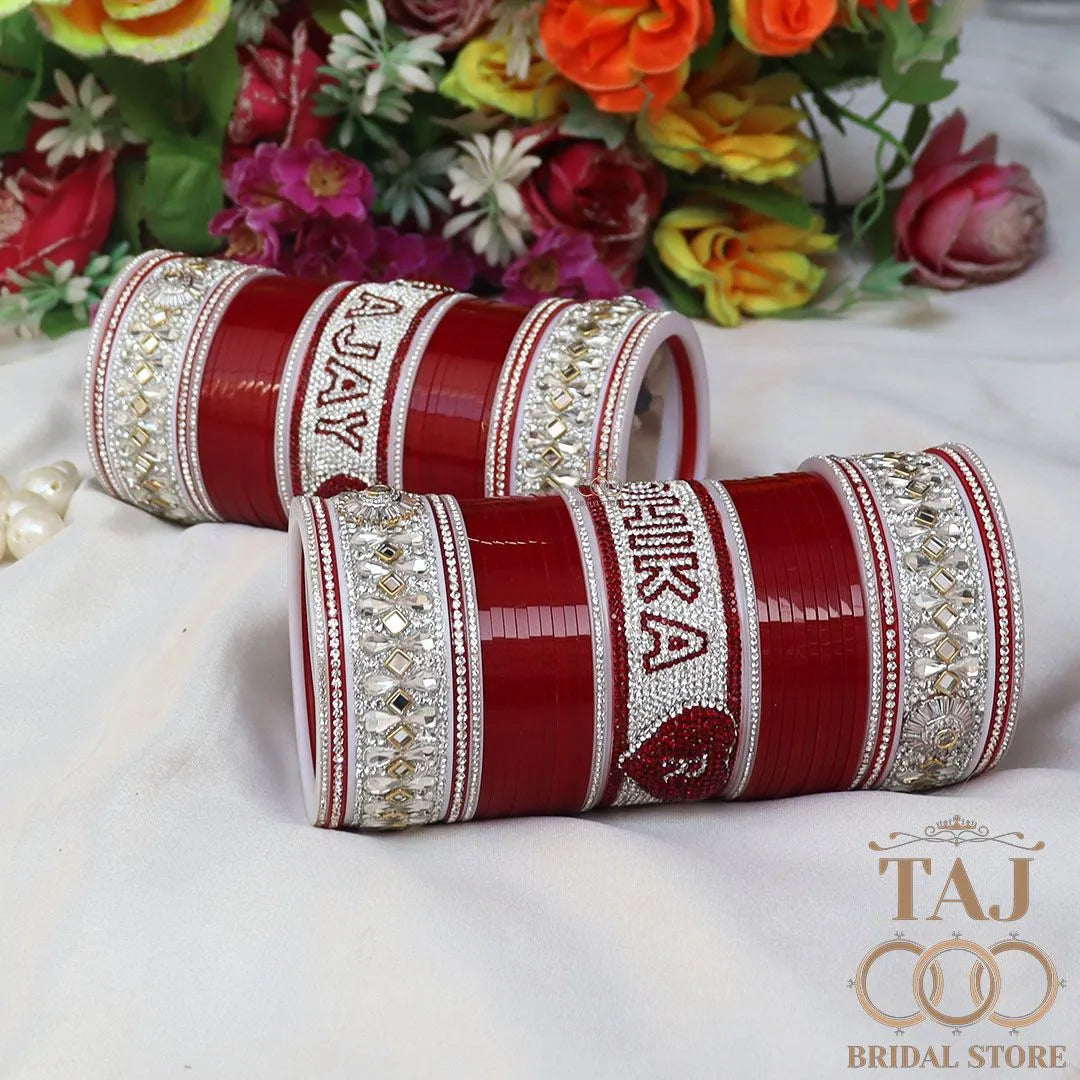 Best Punjabi Bridal Name Chura with Initial on Heart Design Taj Bridal Store