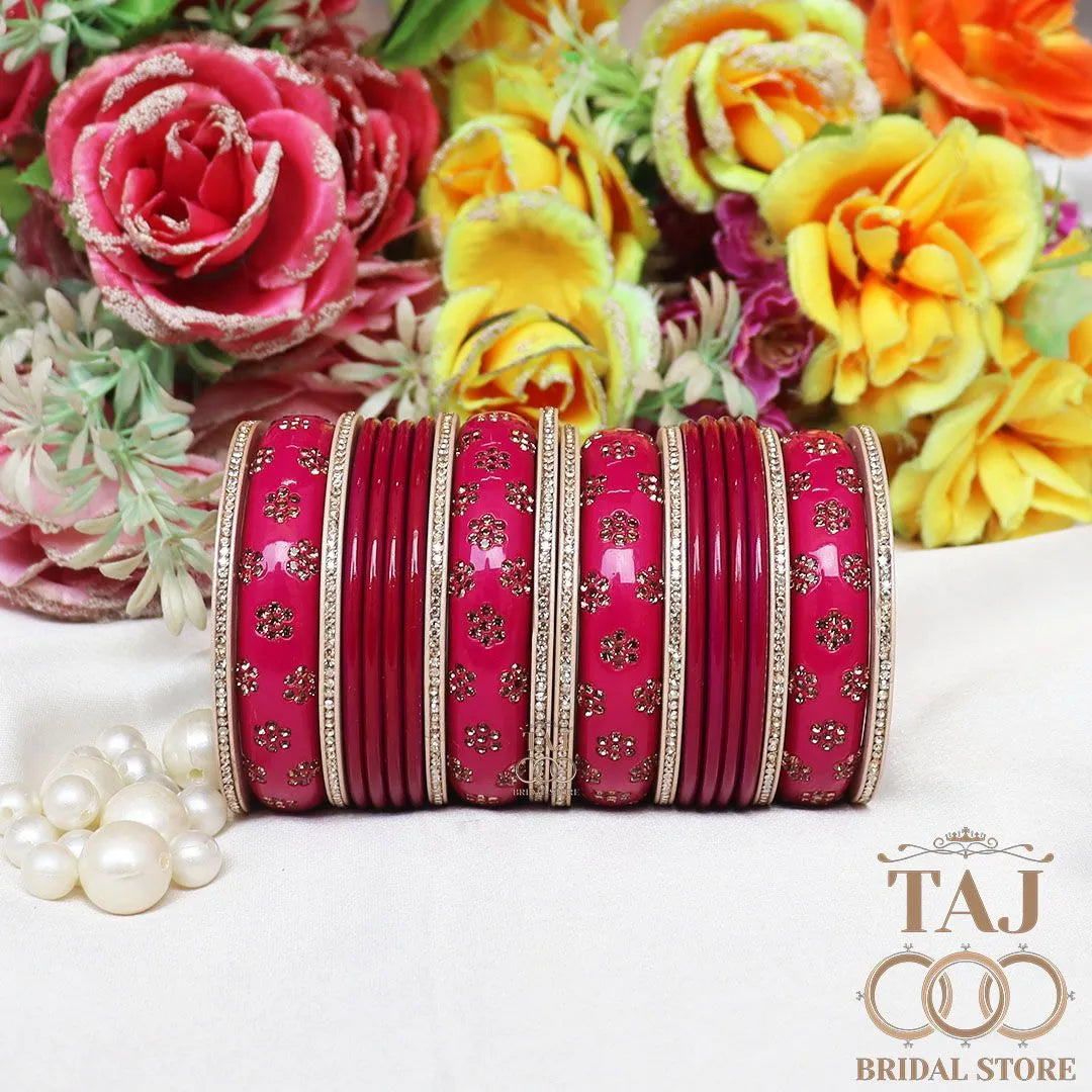 Rajasthani Traditional Lac Chura Set With Beautiful Rhinestones Flower Design