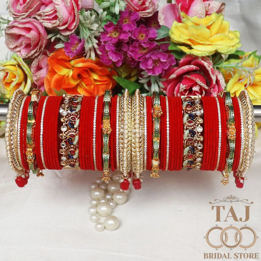 Punjabi Wedding Chura Set With Beautiful Peacock Design Metal Kada