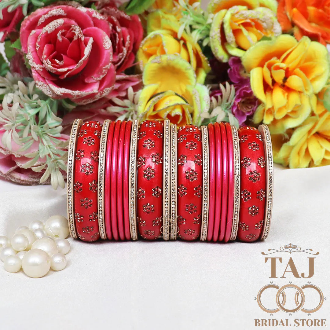 Rajasthani Traditional Lac Chura Set With Beautiful Rhinestones Flower Design