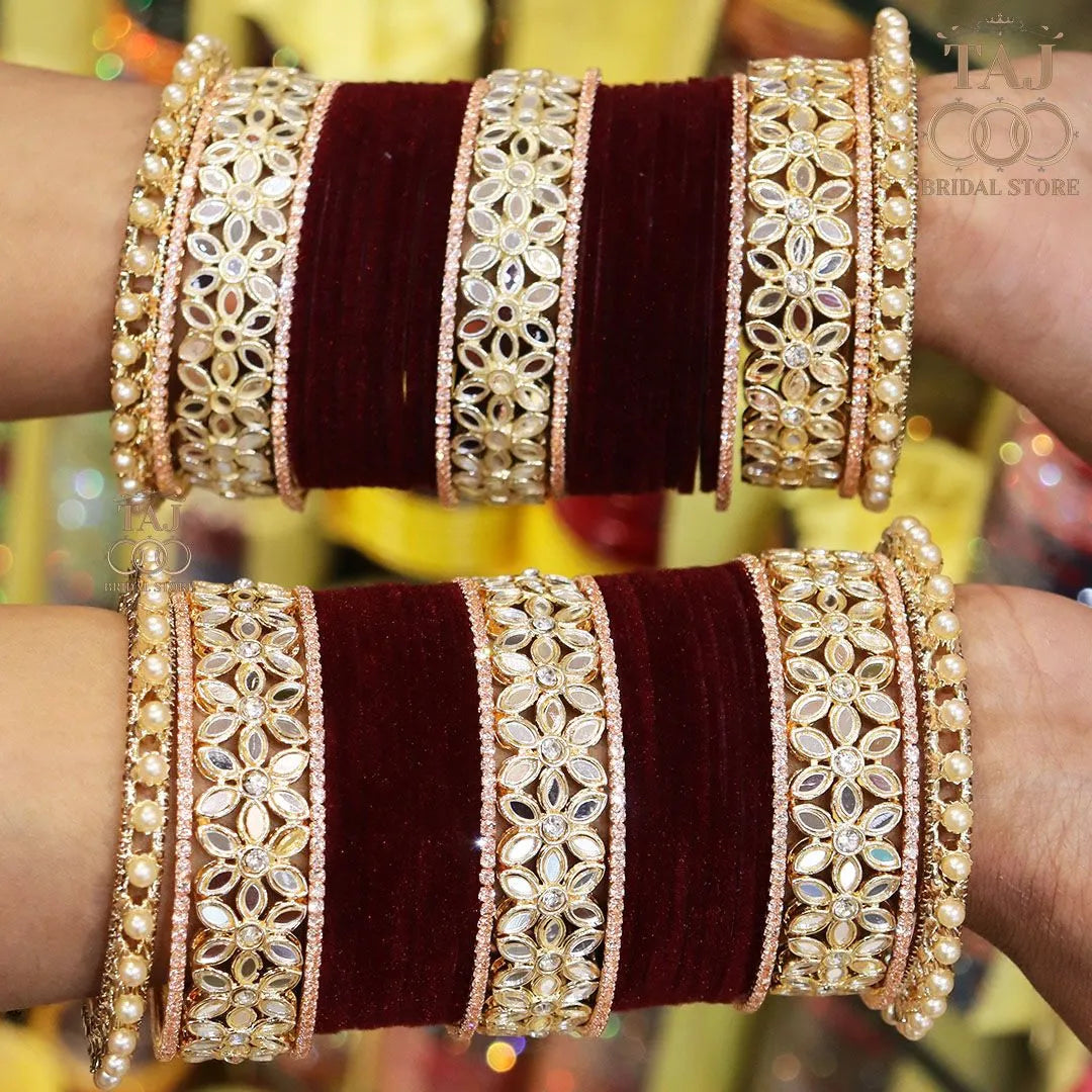 Punjabi Wedding Bangles Set With Beautiful Mirror Work Kada