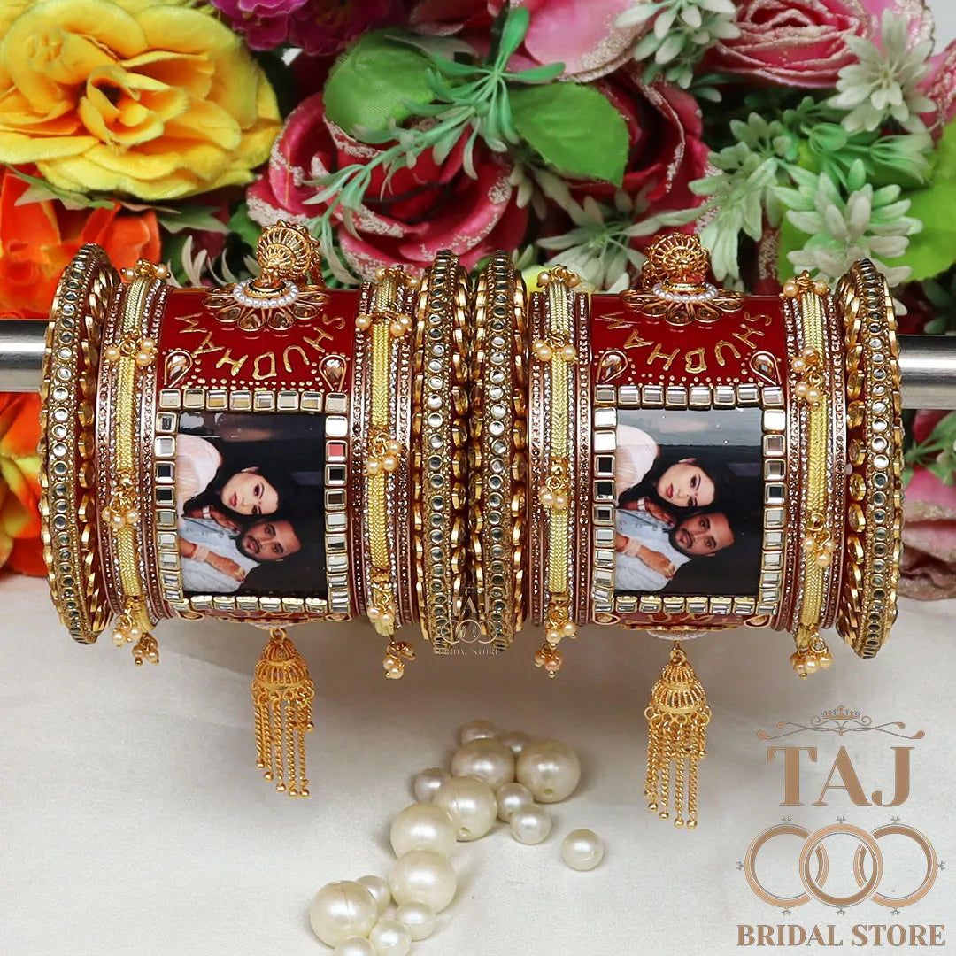 Rajwadi Couple Name And Photo Bangles Set With Beautiful Jhoomer Design