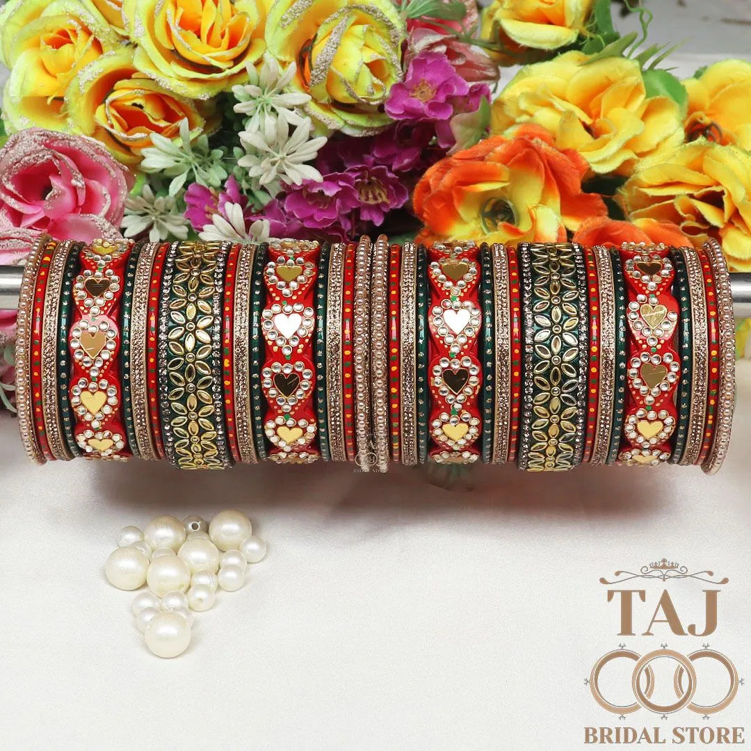 Rajasthani Lakh Wedding Chura Set With Lovely Kundan and Heart Mirror Design