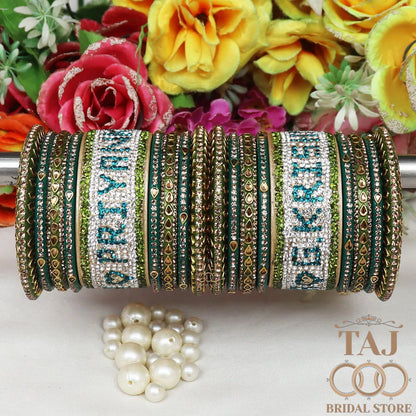 Couple Name Lac Bangles Set for Bride With Beautiful Kundan Design