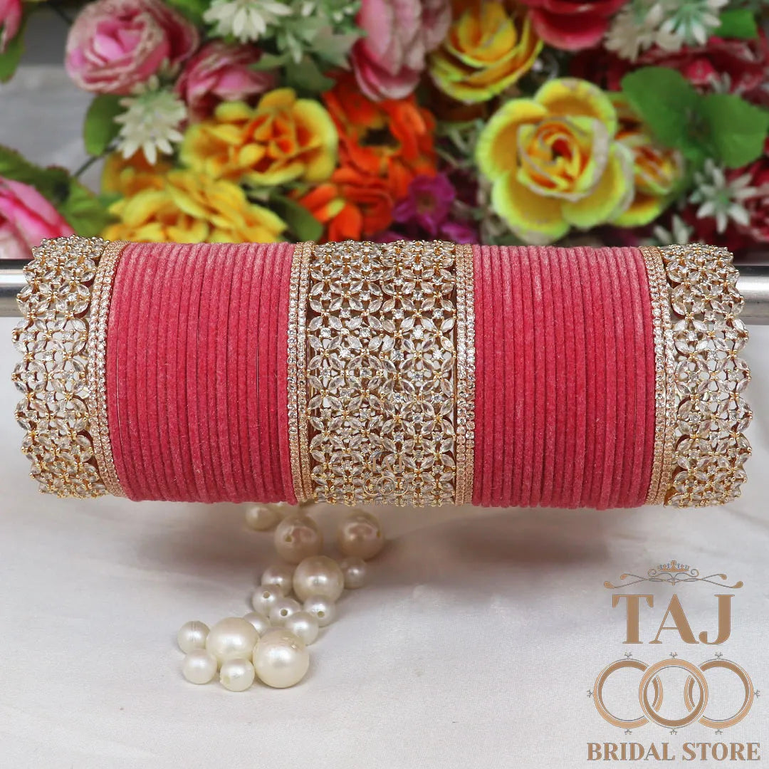 Designer Metal Bridal Bangles Set With Beautiful AD Kada