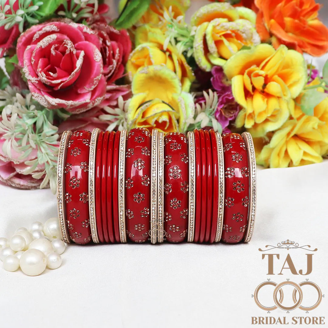 Rajasthani Traditional Lac Chura Set With Beautiful Rhinestones Flower Design