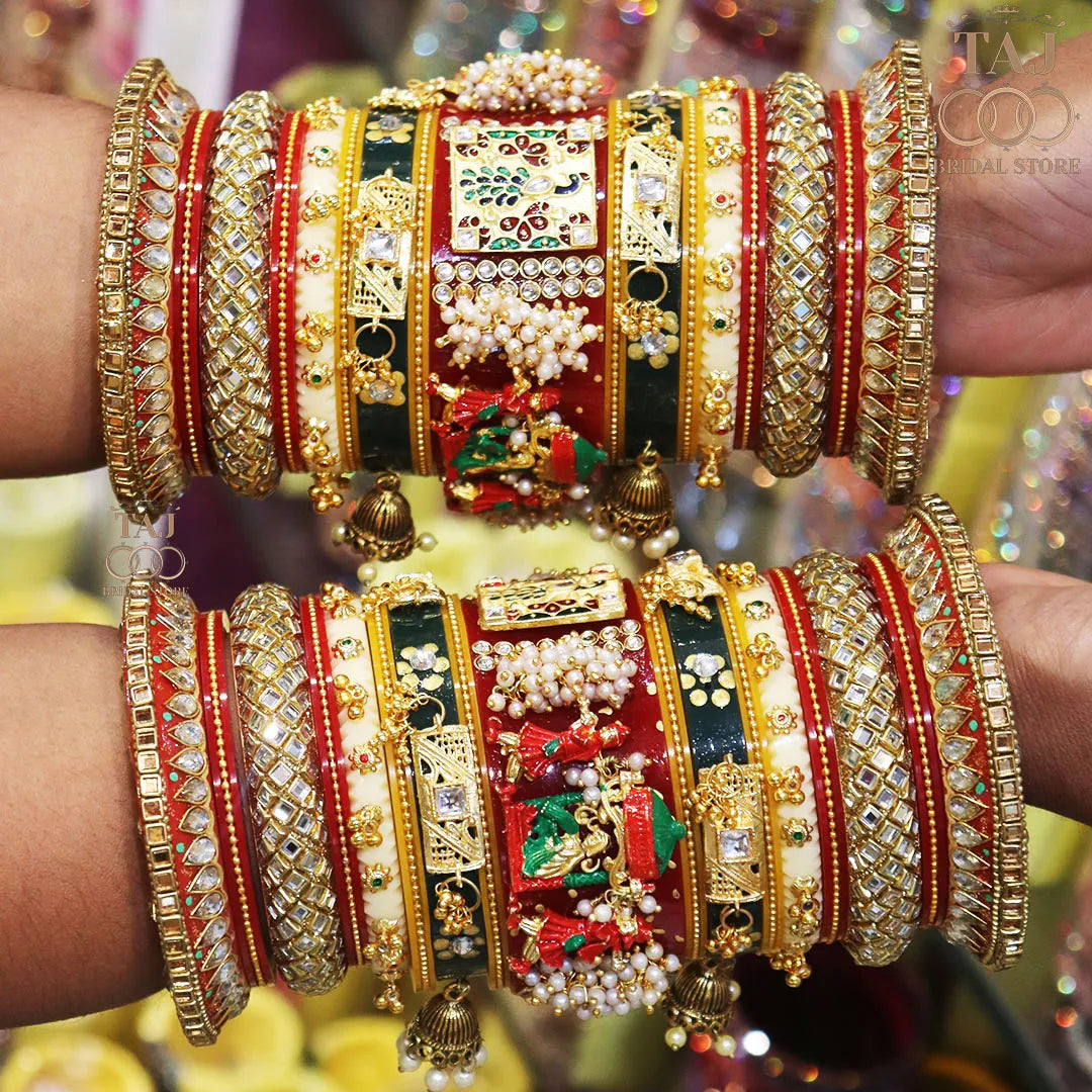 Rajwadi Bangles Set For Bride With Beautiful Doli And Peacock Design Kada