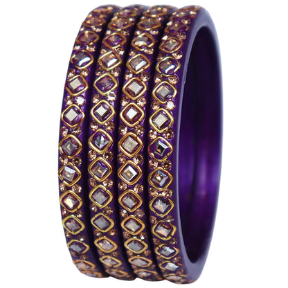 Handmade lac bangles for women featuring square Kundan stones and rhinestone embellishments, traditional Rajasthani festive and wedding bangles set of 4