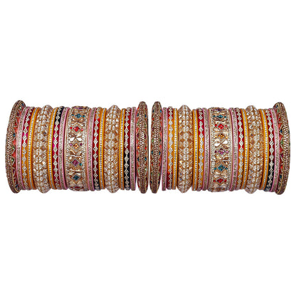 Multicolour Rajasthani wedding bangles with decorative stone and rhinestone detailing.