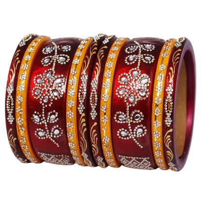 Traditional Rajasthani Lac Bangles Set of 10 for Women with Rhinestone Embellishments and Glossy Golden Leaf Pattern
