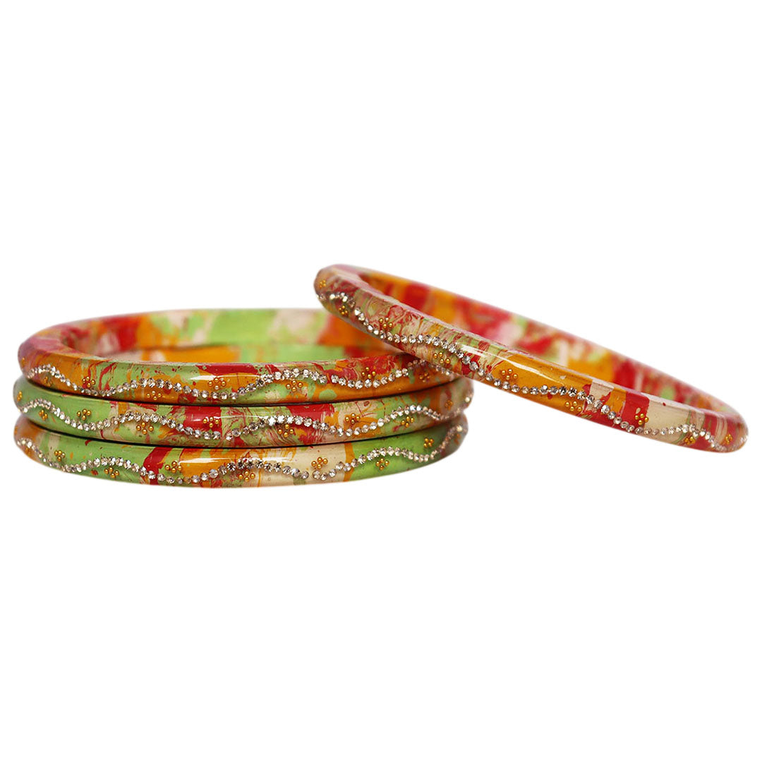 Designer Glossy Pure Lac Bangles for Women Handmade in Jaipur Rajasthan with Rhinestone Wave Pattern Set of 4