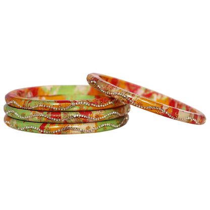 Designer Glossy Pure Lac Bangles for Women Handmade in Jaipur Rajasthan with Rhinestone Wave Pattern Set of 4