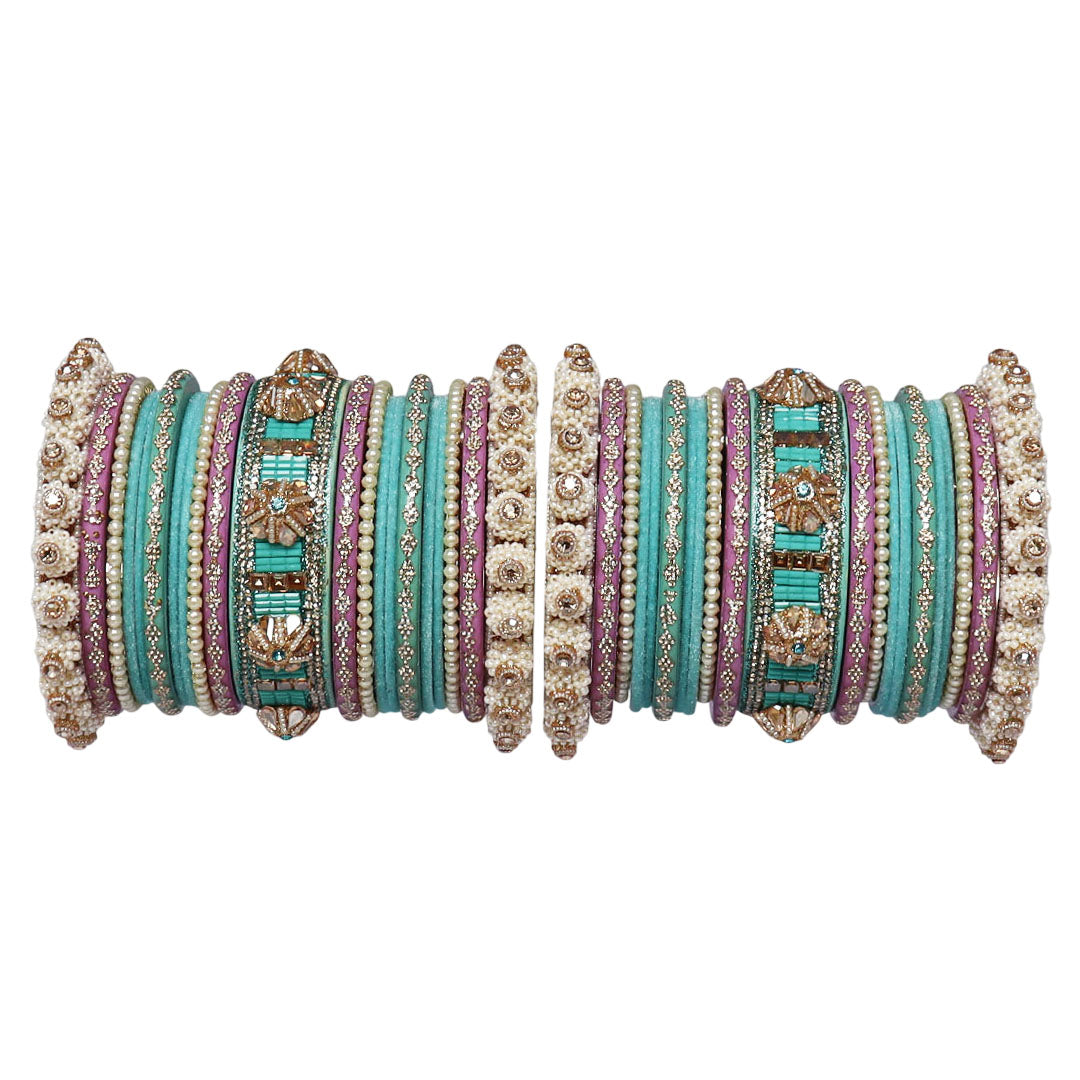 Designer Rajasthani bridal bangles set with Pearl, Kundan and Rhinestone work in Sky Blue and Lavender