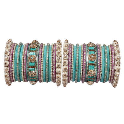 Designer Rajasthani bridal bangles set with Pearl, Kundan and Rhinestone work in Sky Blue and Lavender