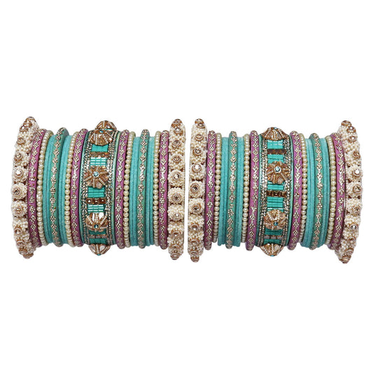 Designer Rajasthani bridal bangles set with Pearl, Kundan and Rhinestone work in Sky Blue and Lavender