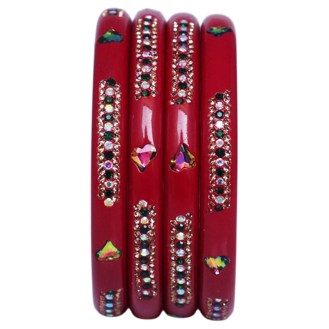 Rajasthani Lac Bangles with Heart Shape Kundan & Rhinestones