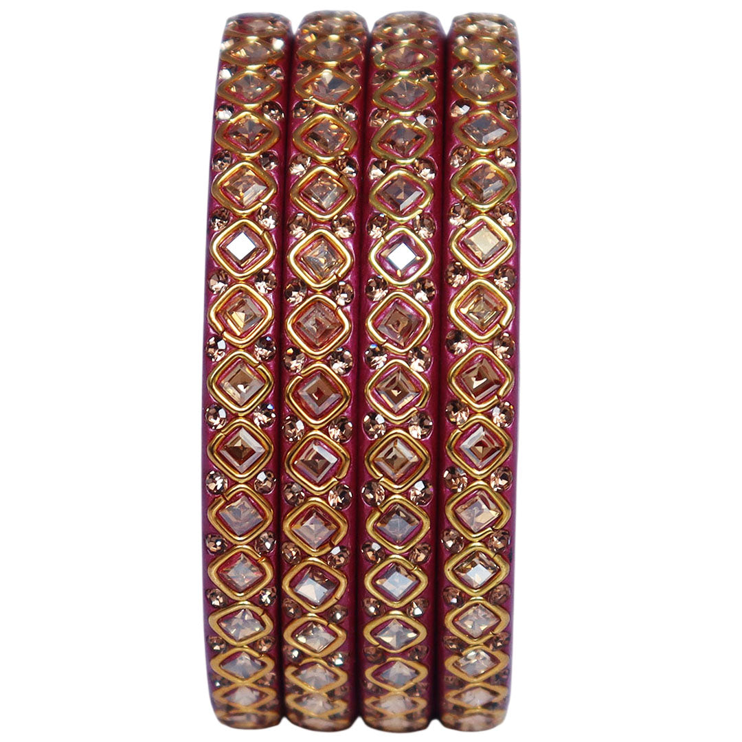 Premium Lac Bangles for Women with Square Kundan & Rhinestone Design | Handmade Traditional Rajasthani Wedding & Festive Bangles | Set of 4 | TAJ BRIDAL STORE