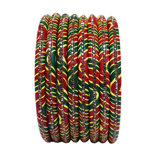 Vibrant Lehariya Bangle Set with Rhinestones (Set of 8)