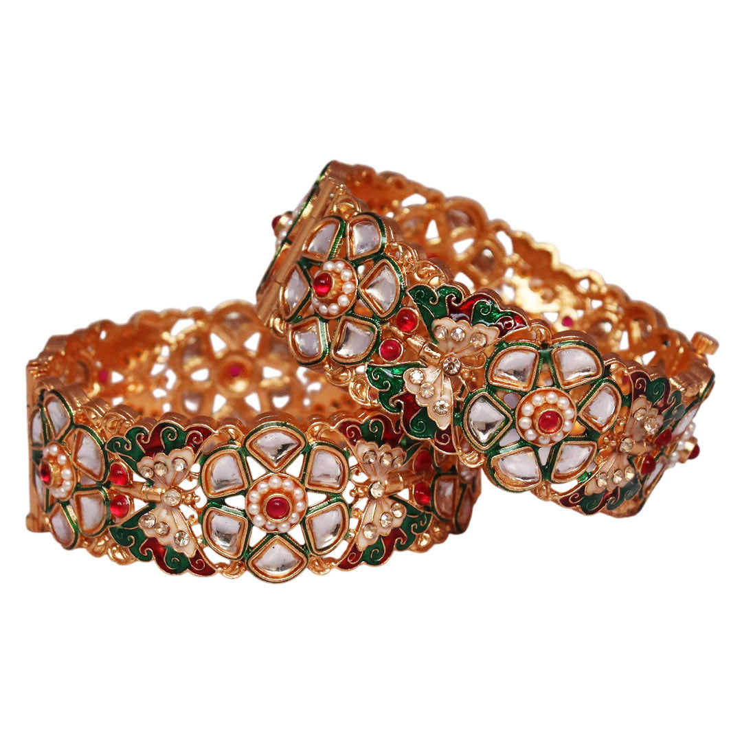 Gold Plated Metal Bracelet with Butterfly & Floral Kundan Design