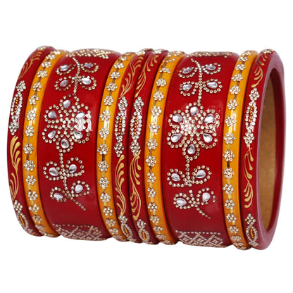 Traditional Jaipuri Lac Bangles Set for Women in Maroon & Red with Handmade Rhinestone and Golden Leaf Design, Bridal & Festive Set of 10