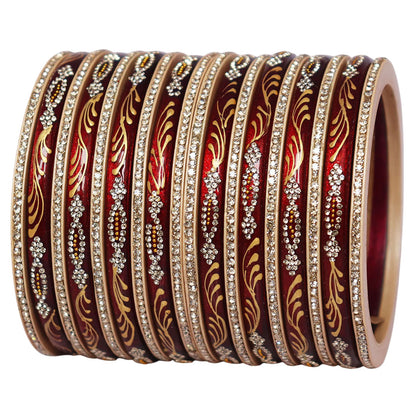 Handcrafted Rajasthani short lac bangles with golden leaf handpainting and rhinestone detailing, premium Jaipur bangles set of 18 for women in glossy maroon.