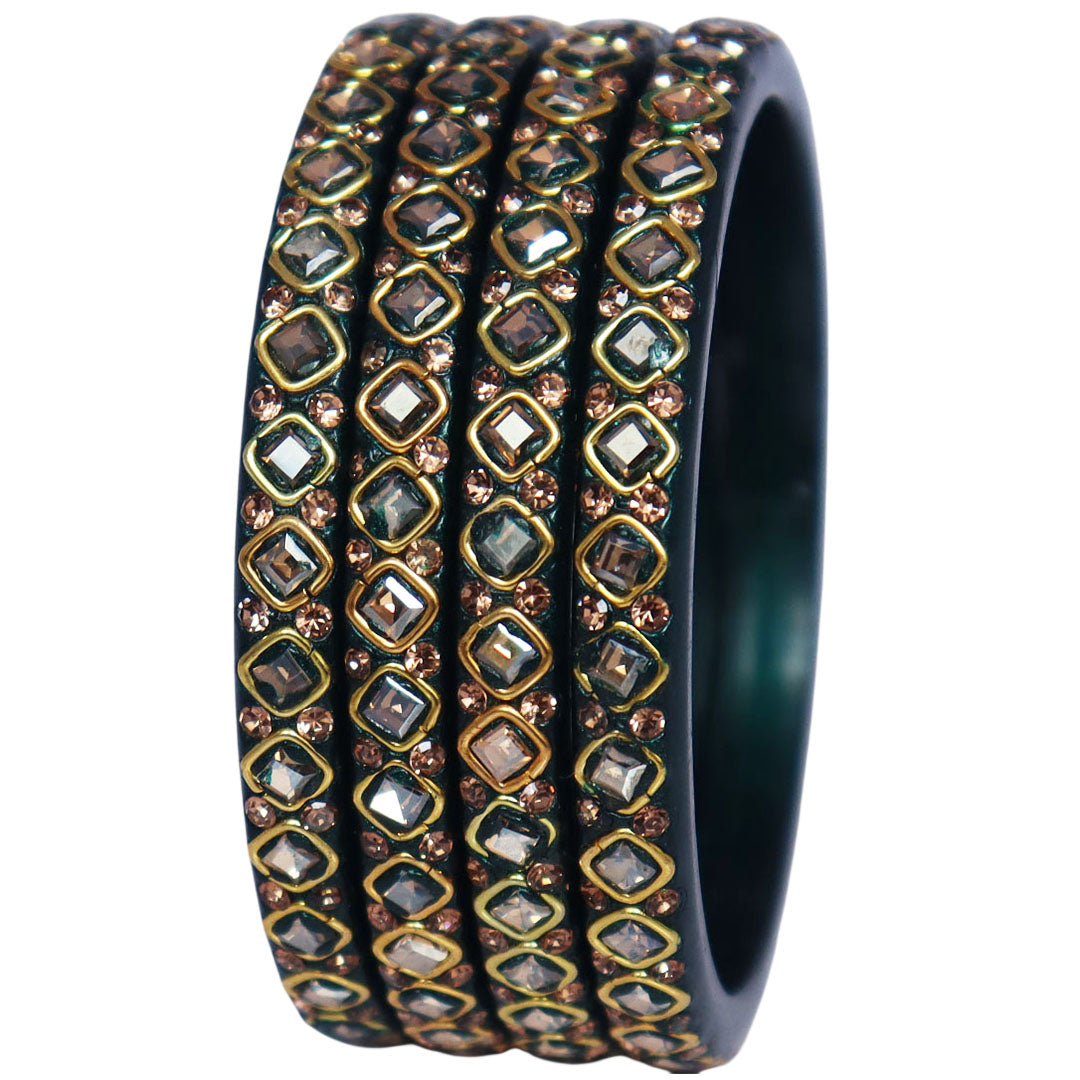 Handmade lac bangles for women featuring square Kundan stones and rhinestone embellishments, traditional Rajasthani festive and wedding bangles set of 4