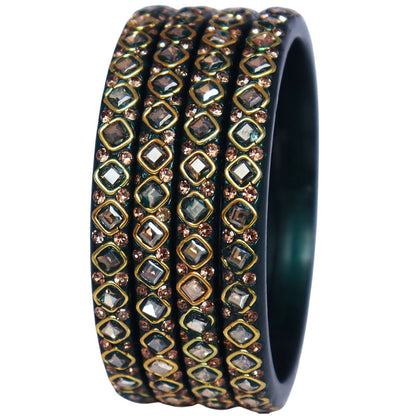 Handmade lac bangles for women featuring square Kundan stones and rhinestone embellishments, traditional Rajasthani festive and wedding bangles set of 4